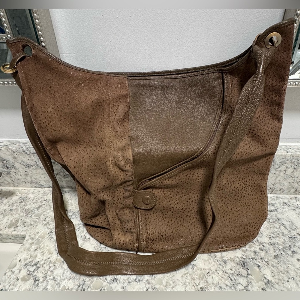 80’s Vintage HOBO Olive Leather & Suede With Front Zip Pocket. Handmade Greece.
